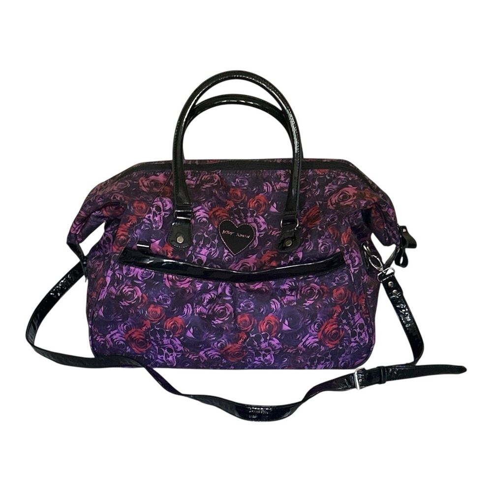 Betsey Johnson Skull Rose Tote Shoulder Bag Heart Logo Leopard Print Purple Lg
